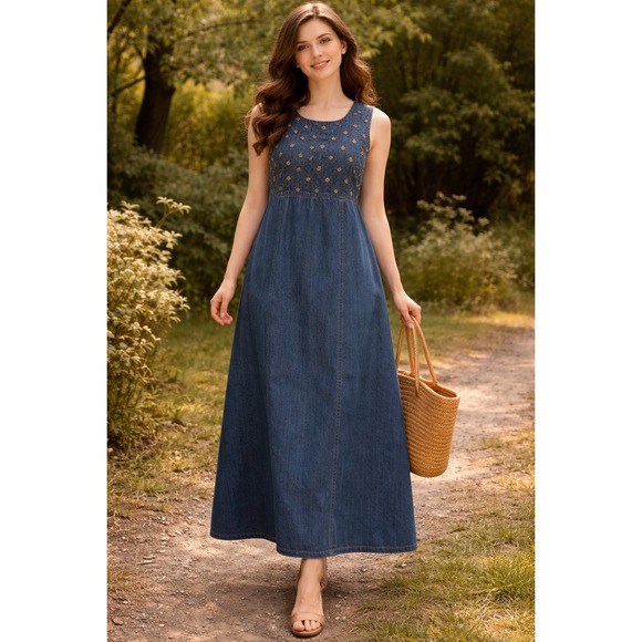 Jane Ashley Dresses & Skirts - Jane Ashley Jumper Dress Womens L Blue‎ Denim Vintage Maxi Embroidered Floral